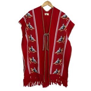 Vintage Comanche Imports Poncho Shawl Fringe Boho Bird Festival OS Mexico